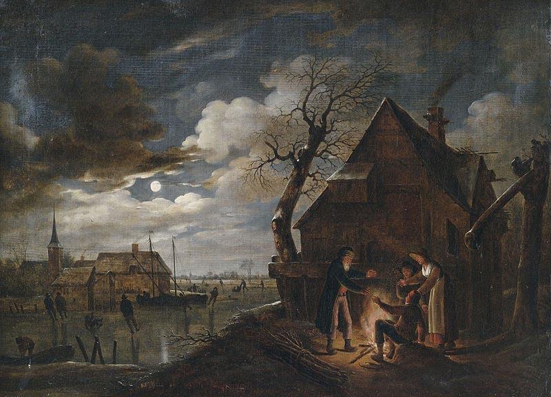 Aert van der Neer Hollandische Kanallandschaft bei Mondschein mit Schlittschuhlaufern und einem Lagerfeuer, an dem sich Bauern warmen oil painting image